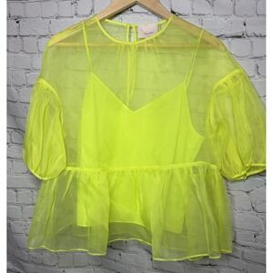 CINQ a Sept Sheer Balloon Sleeve Neon Overlay Silk Top Statement Piece Design M